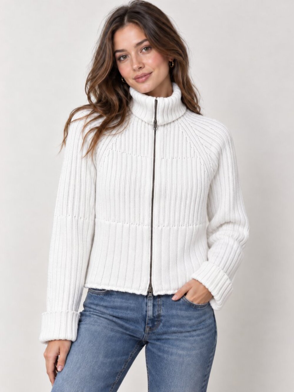 Gap White Ribbed Cotton Zip-Up Turtleneck Sweater S